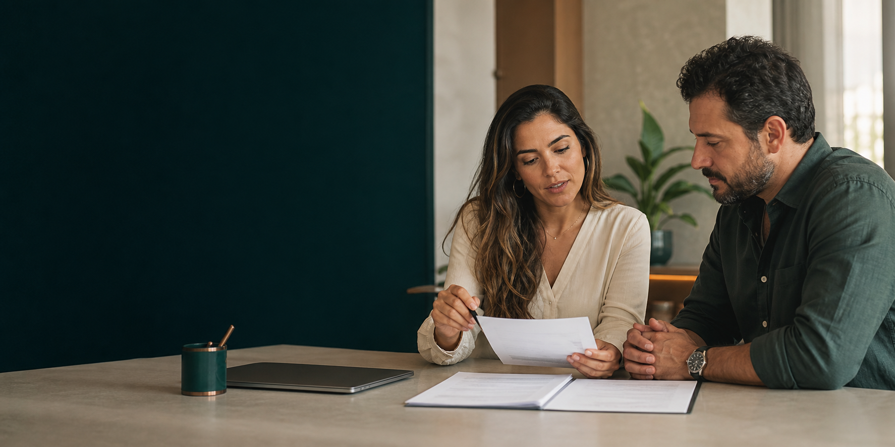 Consultora orientando cliente durante a leitura de um contrato